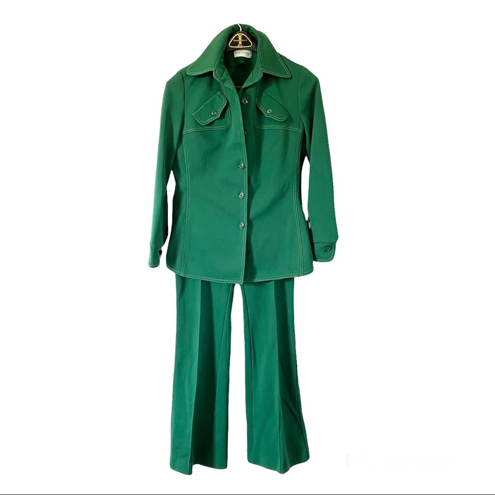 Vintage Alex Coleman Green Leisure Suit 70s Bellbottom Pants Jacket Womens Small